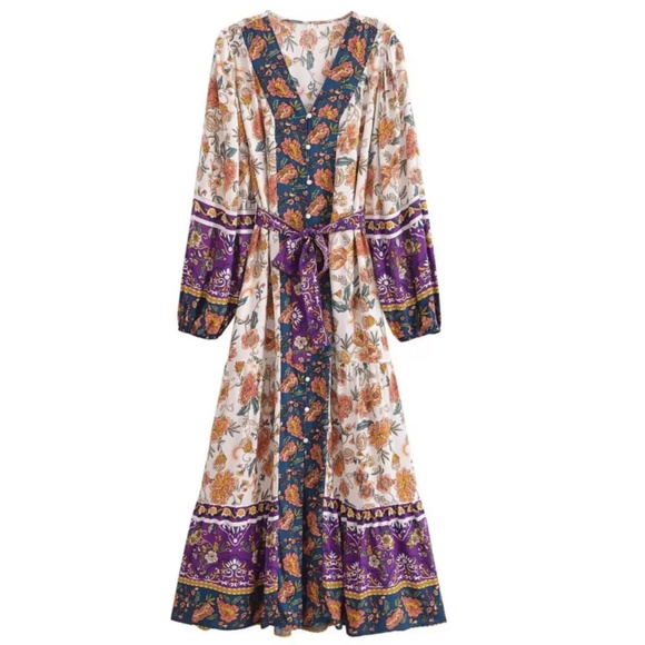 oho Floral Print V neck Button Down Belted Dress - Picture 5 of 7